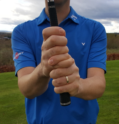 Interlock grip: Little finger of right hand and index finger of left hand lock together